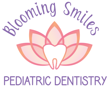 Blooming Smiles Pediatric Dentistry logo with a white tooth at the center of a pink and orange flower graphic.