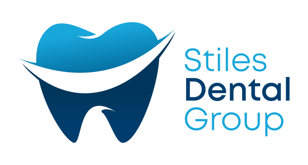 Logo for “Stiles Dental Group” featuring a stylized blue tooth with a swoosh-like smile element. The name appears in modern sans-serif font, with “Dental” bolded to emphasize the practice’s focus.