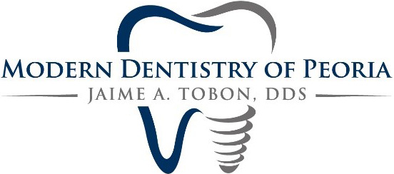 Logo for Modern Dentistry of Peoria featuring a stylized tooth with a dental implant screw; includes the name Jaime A. Tobon, DDS in blue and gray text.