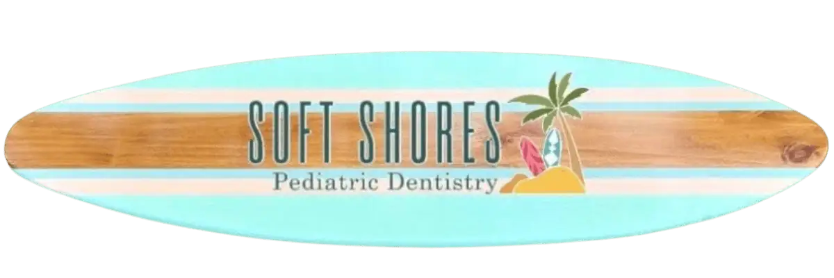 Bright and playful pediatric dental logo featuring a beach scene with a palm tree and surfboard for Soft Shores Pediatric Dentistry.