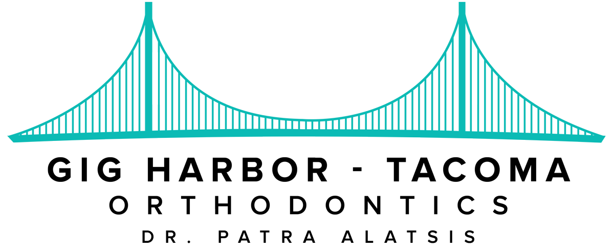 Gig Harbor - Tacoma Orthodontics logo featuring a stylized bridge, emphasizing orthodontic services and teeth whitening for brighter smiles.
