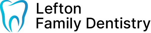 A logo for lefton family dentistry with a tooth in the middle.