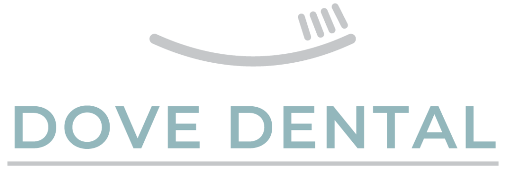 Logo for “DOVE DENTAL” featuring light blue uppercase text and a stylized toothbrush forming a curved smile. The background is transparent, emphasizing the clean and professional design.