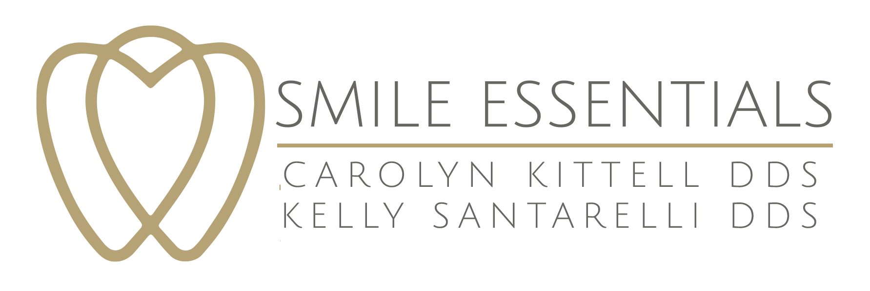 Smile Essentials logo with gold heart outline and text for Carolyn Kittell DDS and Kelly Santarelli DDS