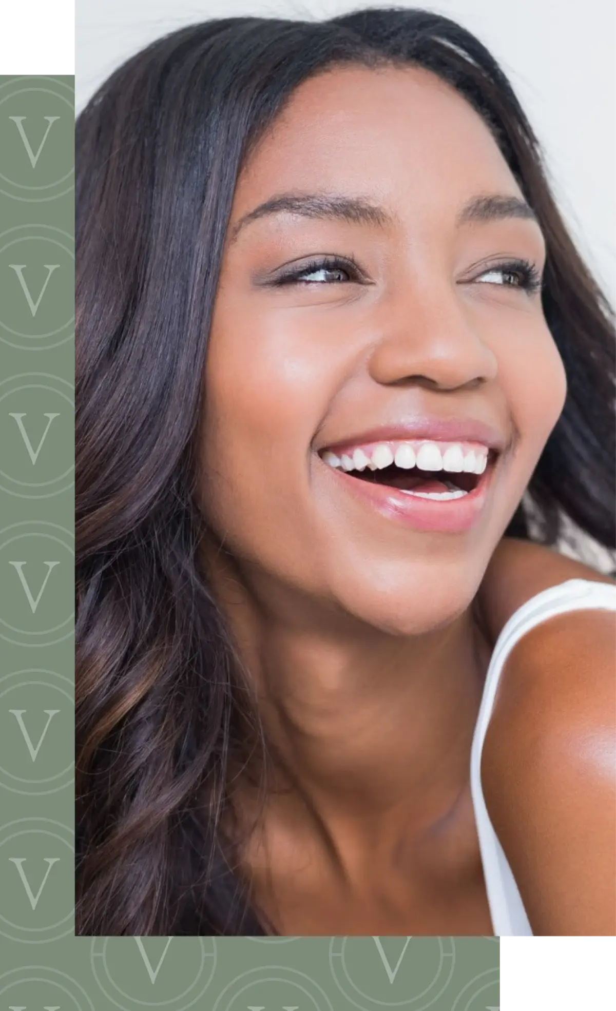 Smiling woman showcasing bright, straight teeth, representing orthodontic care and confidence, with Vumback Orthodontics branding in the background.