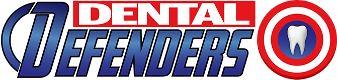 Dental Defenders logo with blue and red text and a red-white-blue tooth emblem