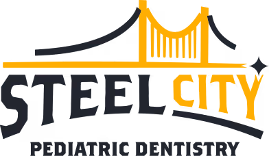 Logo with a stylized orange bridge above the text 'STEEL CITY PEDIATRIC DENTISTRY' where 'STEEL' is in black and 'CITY' is in orange.